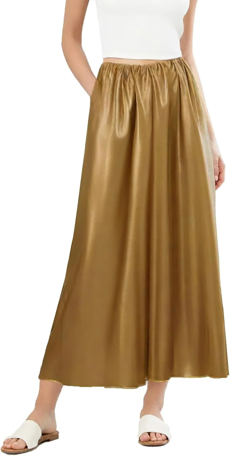 Women's Satin A-Line Midi Skirt - Luxury Long Flowy Skirt with Elastic Waist in Solid Colors
