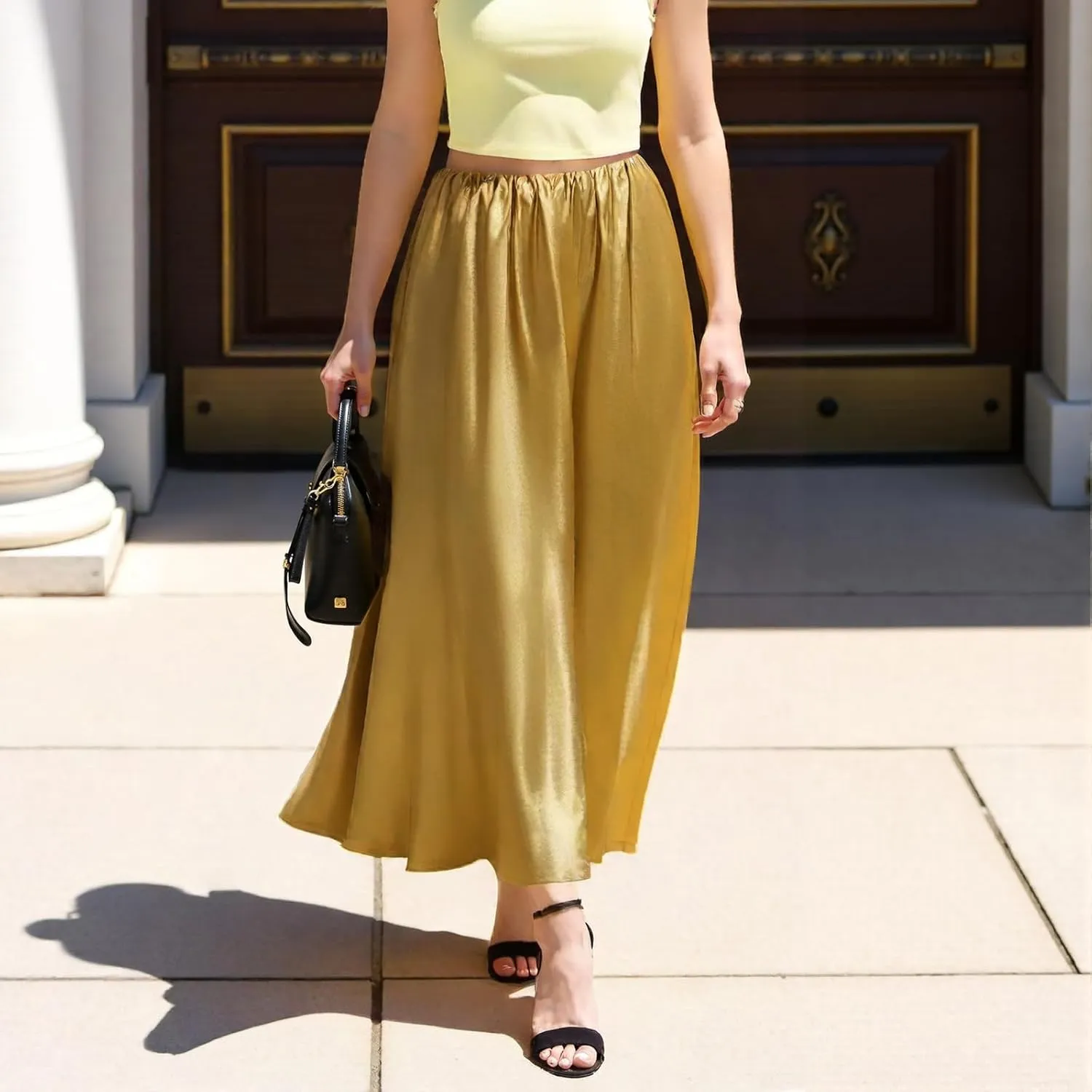 Women's Satin A-Line Midi Skirt - Luxury Long Flowy Skirt with Elastic Waist in Solid Colors
