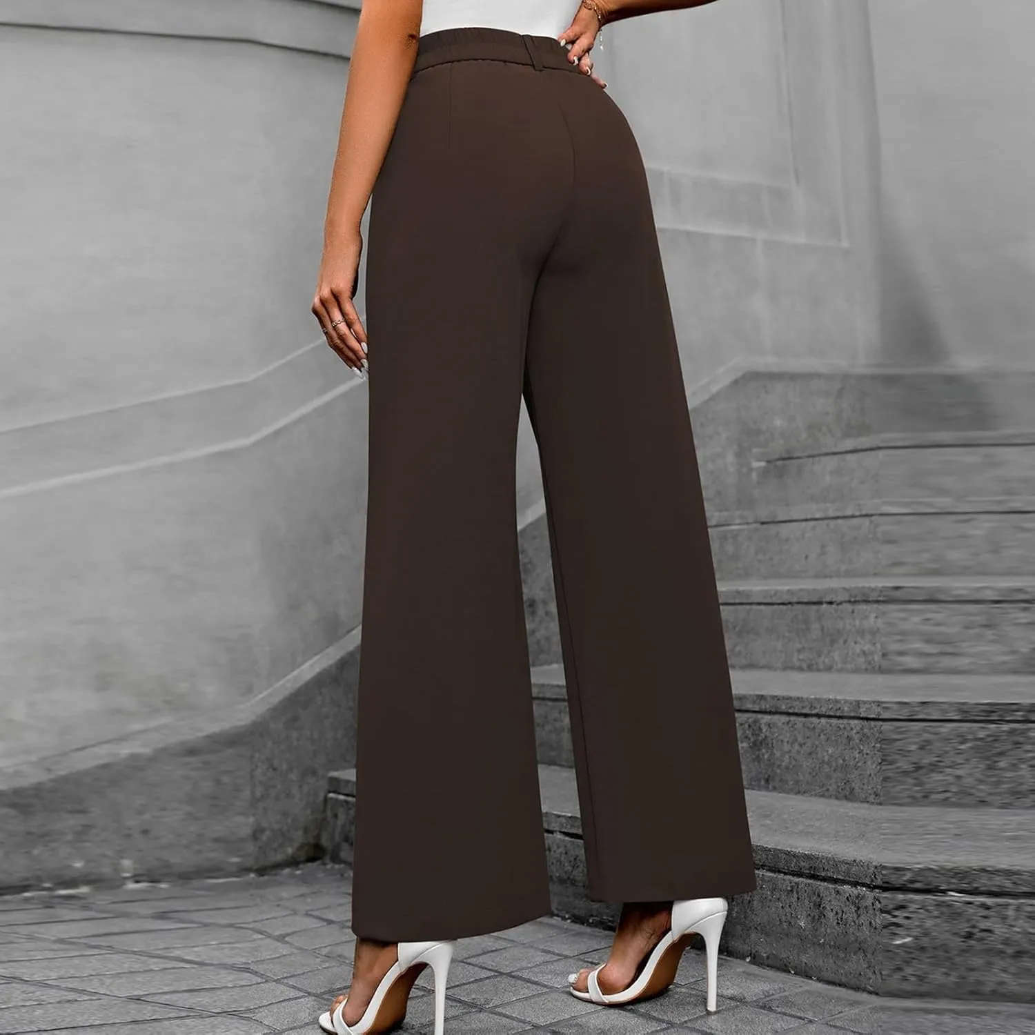 Women's Slim Fit Straight Commuter High Waist Pants Casual Button Down Loose Business Work Office Trousers with Pockets