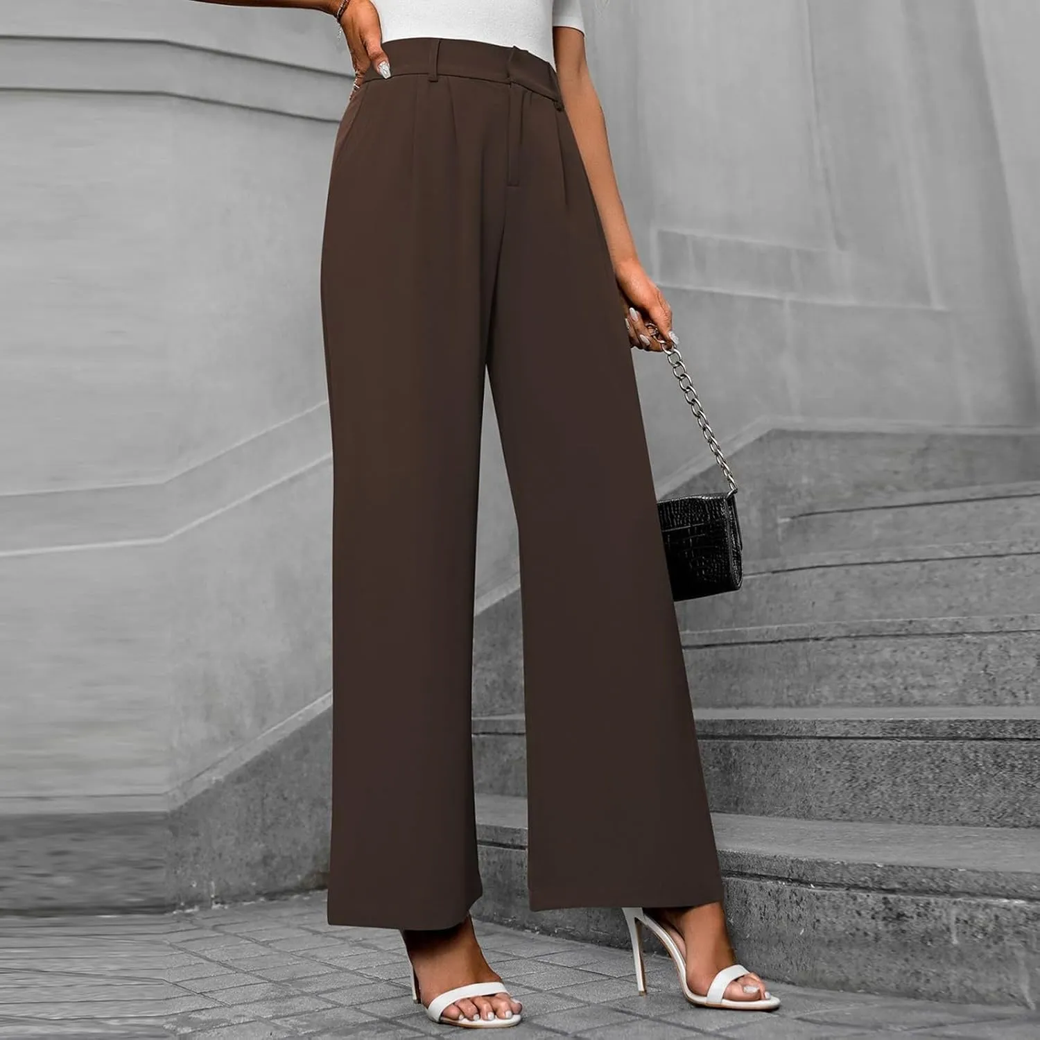 Women's Slim Fit Straight Commuter High Waist Pants Casual Button Down Loose Business Work Office Trousers with Pockets