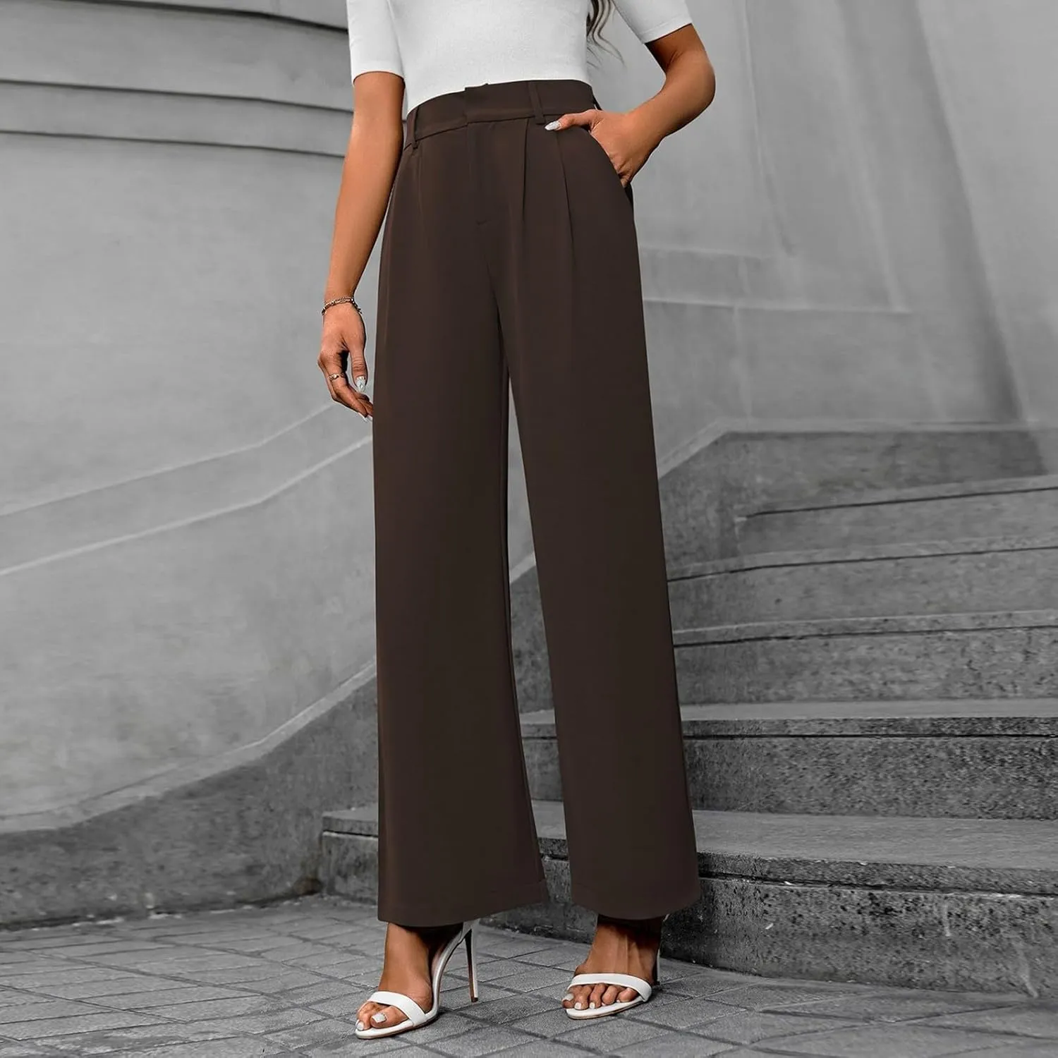 Women's Slim Fit Straight Commuter High Waist Pants Casual Button Down Loose Business Work Office Trousers with Pockets