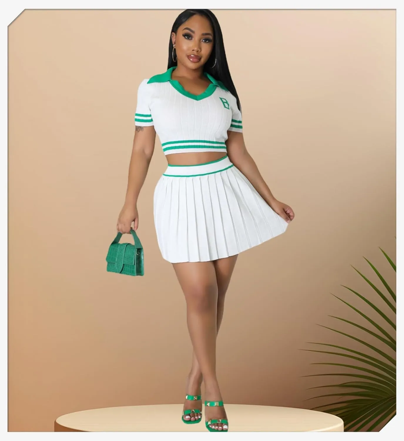 Women's Sports Tennis Energetic Short Sleeved Slim fit Pleated V-Neck Slim fit Fashion Sexy Two-Piece Dress