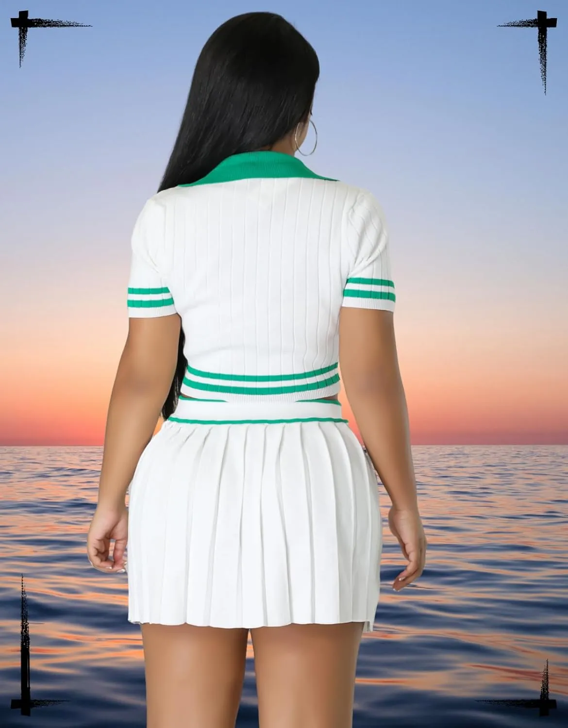 Women's Sports Tennis Energetic Short Sleeved Slim fit Pleated V-Neck Slim fit Fashion Sexy Two-Piece Dress