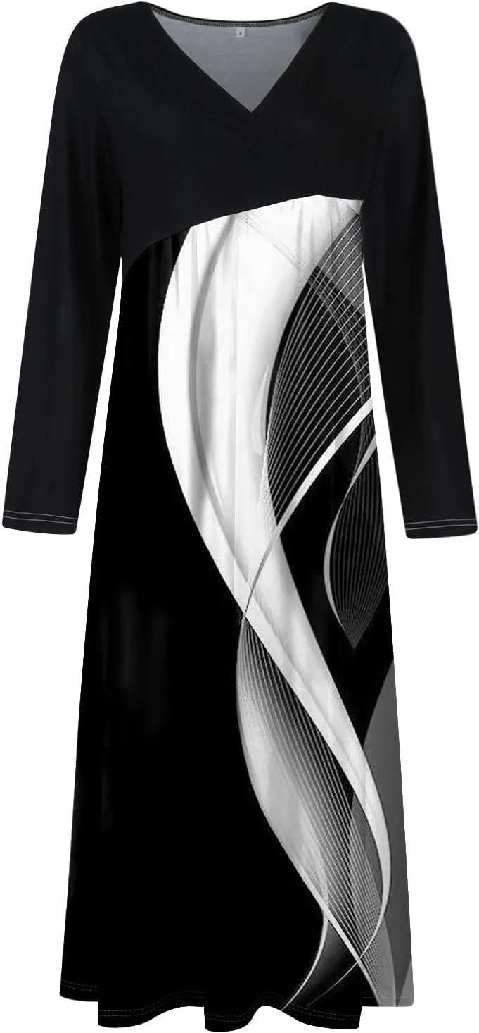 Womens Spring Fashion 2025 Dress Long Sleeve Midi V Neck Work Cute Teens Elegant Western Swing Dress