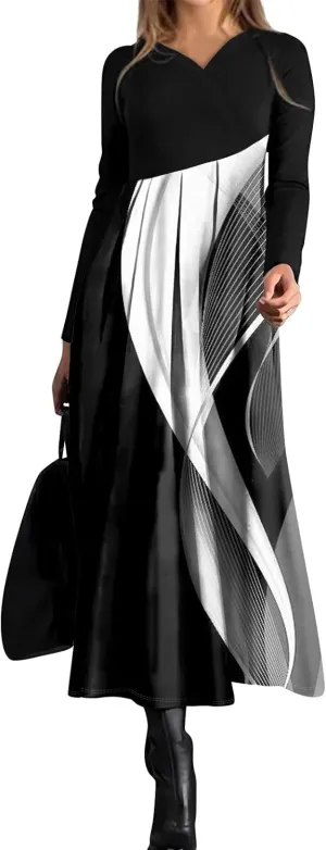 Womens Spring Fashion 2025 Dress Long Sleeve Midi V Neck Work Cute Teens Elegant Western Swing Dress