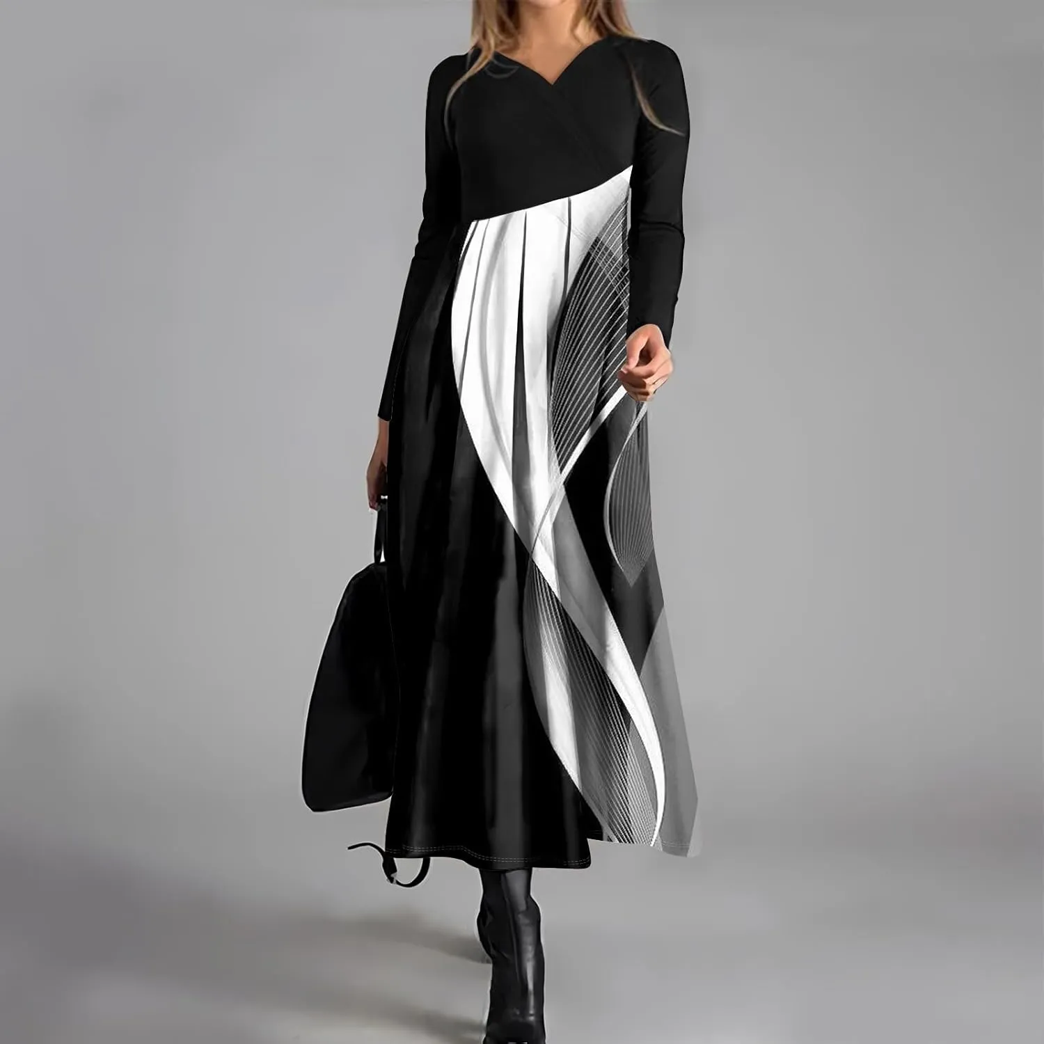Womens Spring Fashion 2025 Dress Long Sleeve Midi V Neck Work Cute Teens Elegant Western Swing Dress