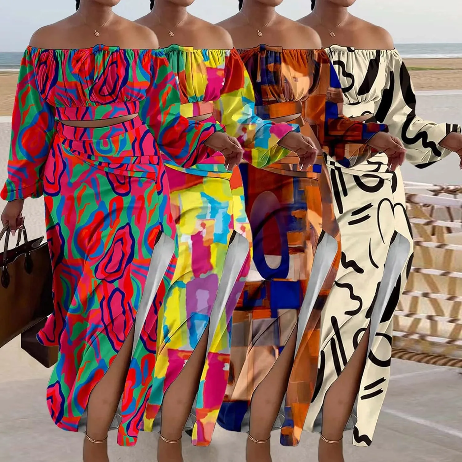 Women's Summer Two Piece Outfits Off Shoulder Lantern Sleeve Crop Top and High Slit Maxi Skirt Set