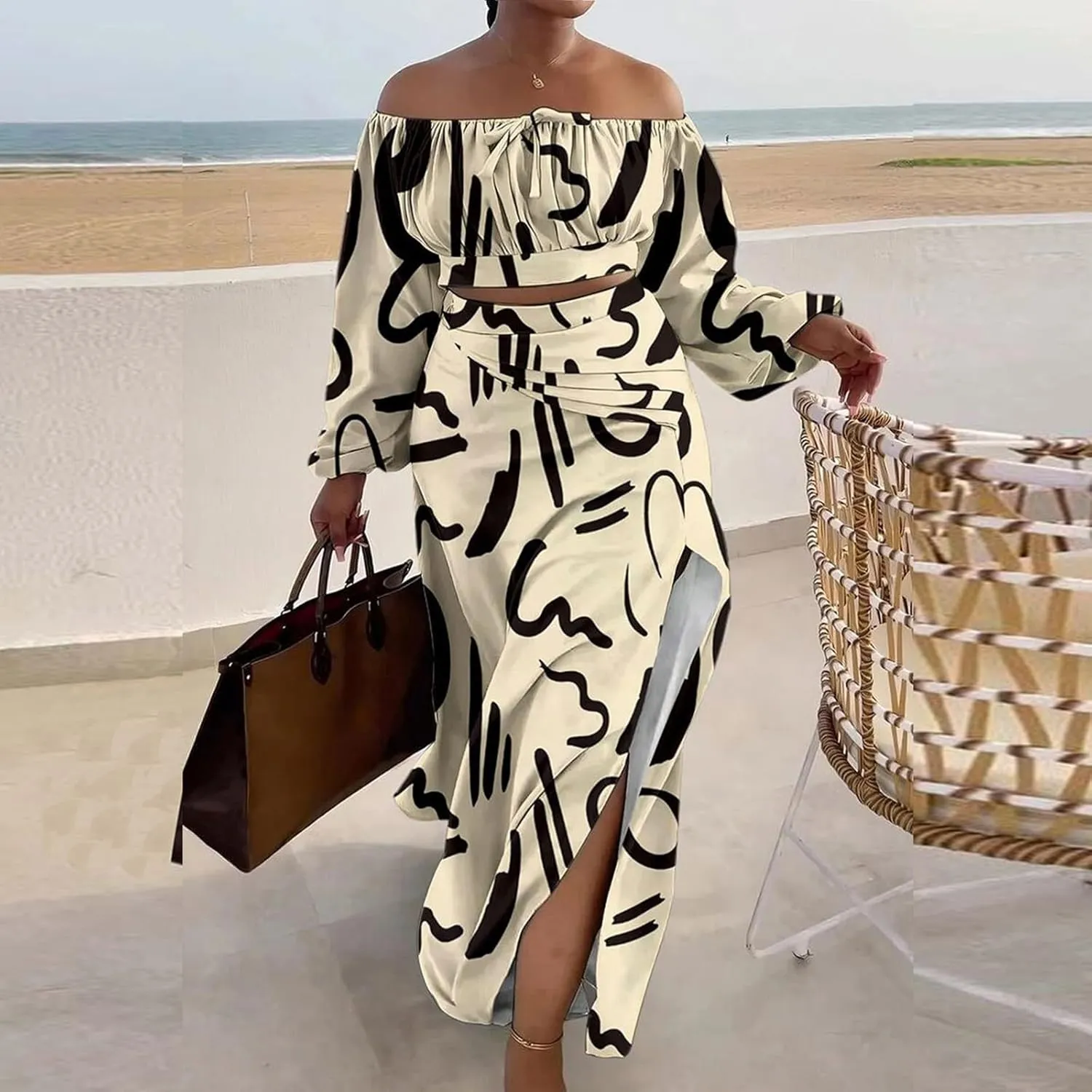 Women's Summer Two Piece Outfits Off Shoulder Lantern Sleeve Crop Top and High Slit Maxi Skirt Set