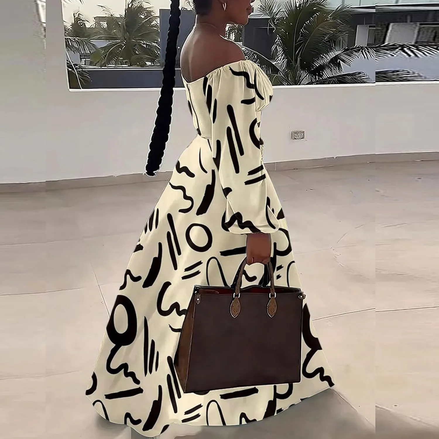Women's Summer Two Piece Outfits Off Shoulder Lantern Sleeve Crop Top and High Slit Maxi Skirt Set