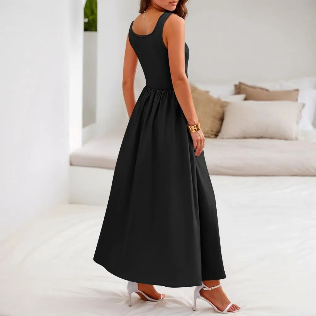 Womens Sundress Tank Summer Midi Dresses Empire Waist Wrap Dress Plus Size Sleeveless Cute Smocked Dress with Pockets