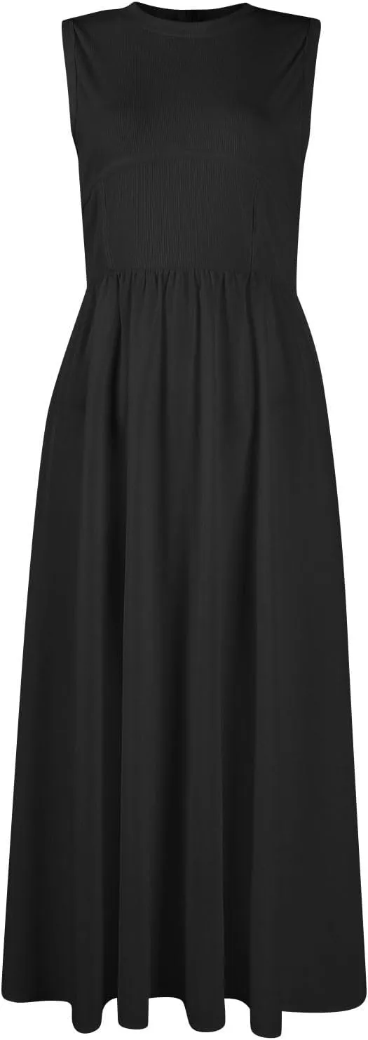Womens Sundress Tank Summer Midi Dresses Empire Waist Wrap Dress Plus Size Sleeveless Cute Smocked Dress with Pockets
