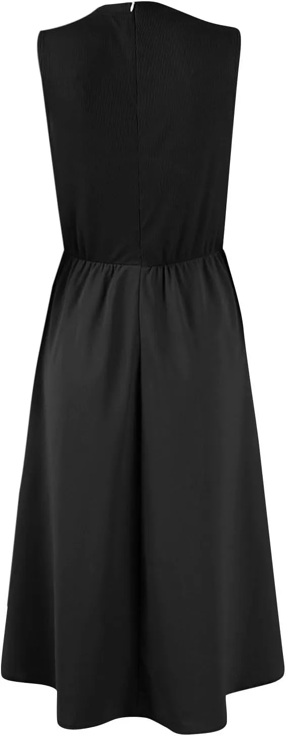 Womens Sundress Tank Summer Midi Dresses Empire Waist Wrap Dress Plus Size Sleeveless Cute Smocked Dress with Pockets