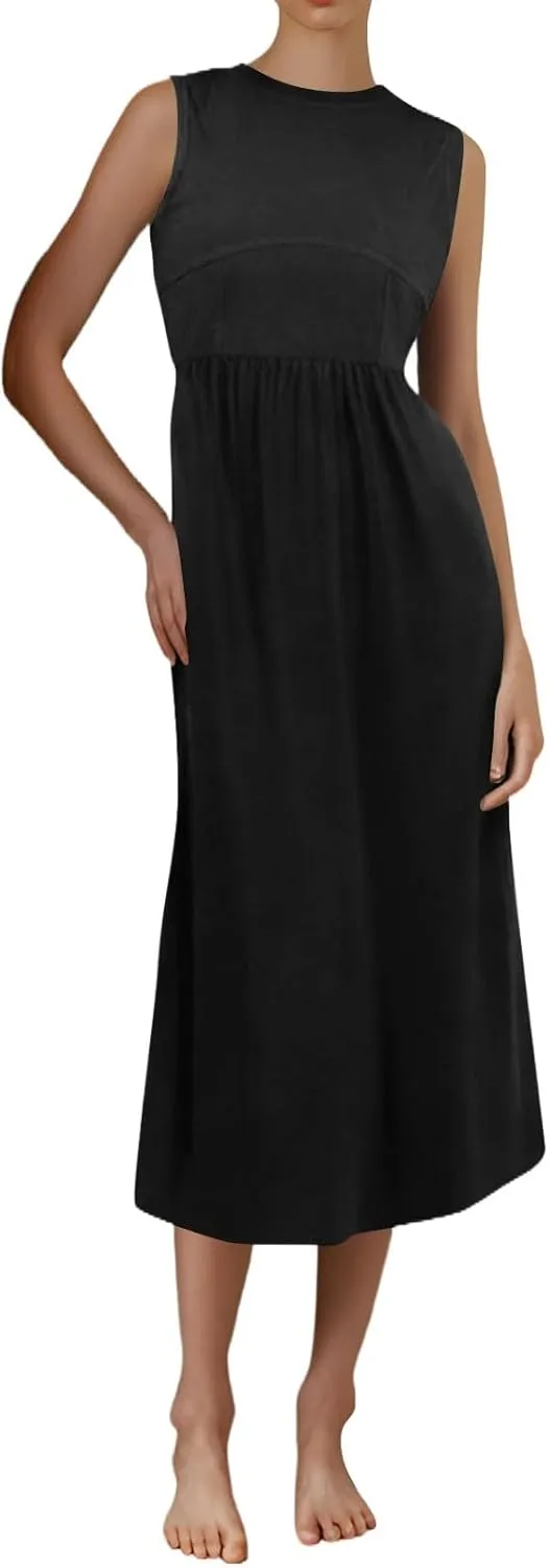Womens Sundress Tank Summer Midi Dresses Empire Waist Wrap Dress Plus Size Sleeveless Cute Smocked Dress with Pockets