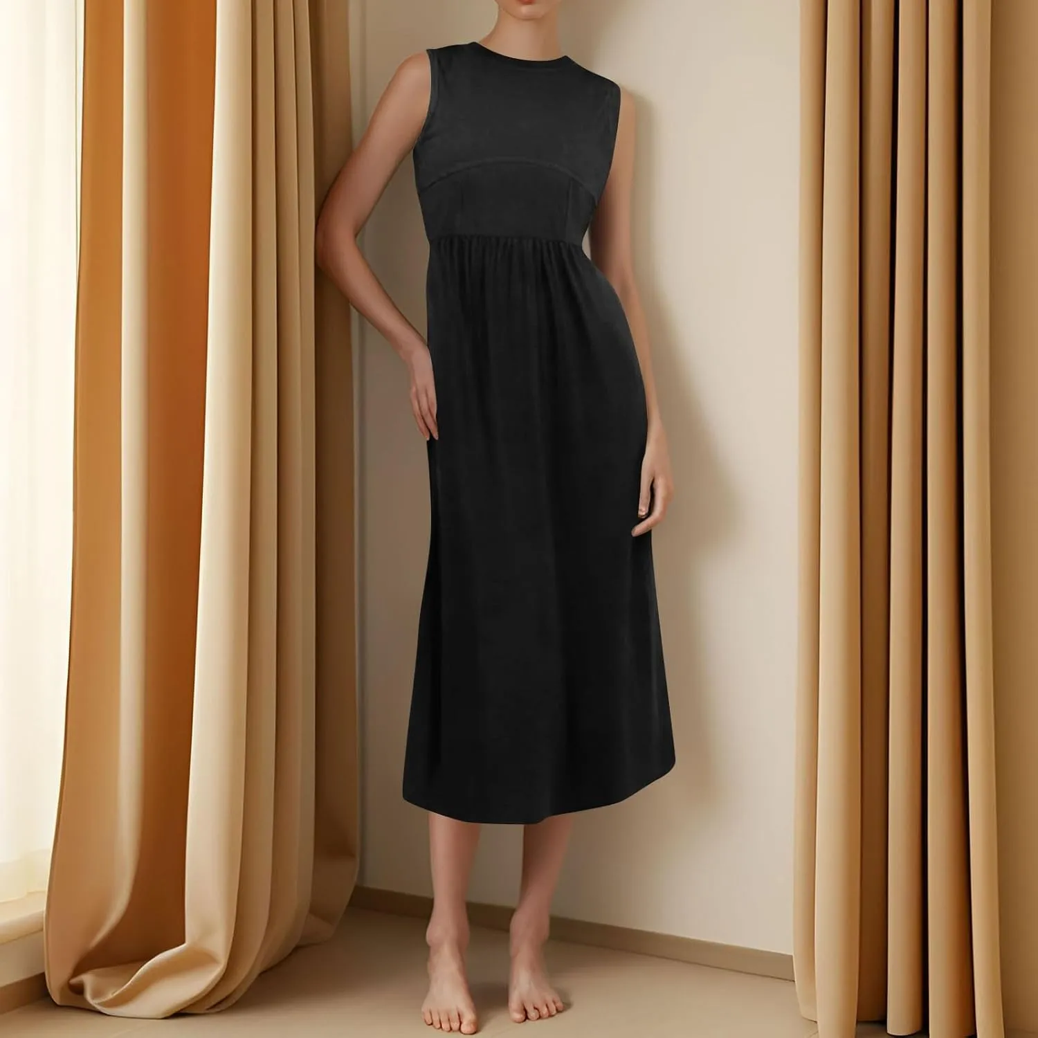 Womens Sundress Tank Summer Midi Dresses Empire Waist Wrap Dress Plus Size Sleeveless Cute Smocked Dress with Pockets