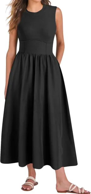 Womens Sundress Tank Summer Midi Dresses Empire Waist Wrap Dress Plus Size Sleeveless Cute Smocked Dress with Pockets