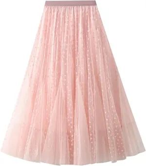 Women's Tulle Long Skirt High Waist Pleated Layered Elastic Waist Midi Skirt Mesh Ballet Wedding Prom Party A-Line Tutu Skirt
