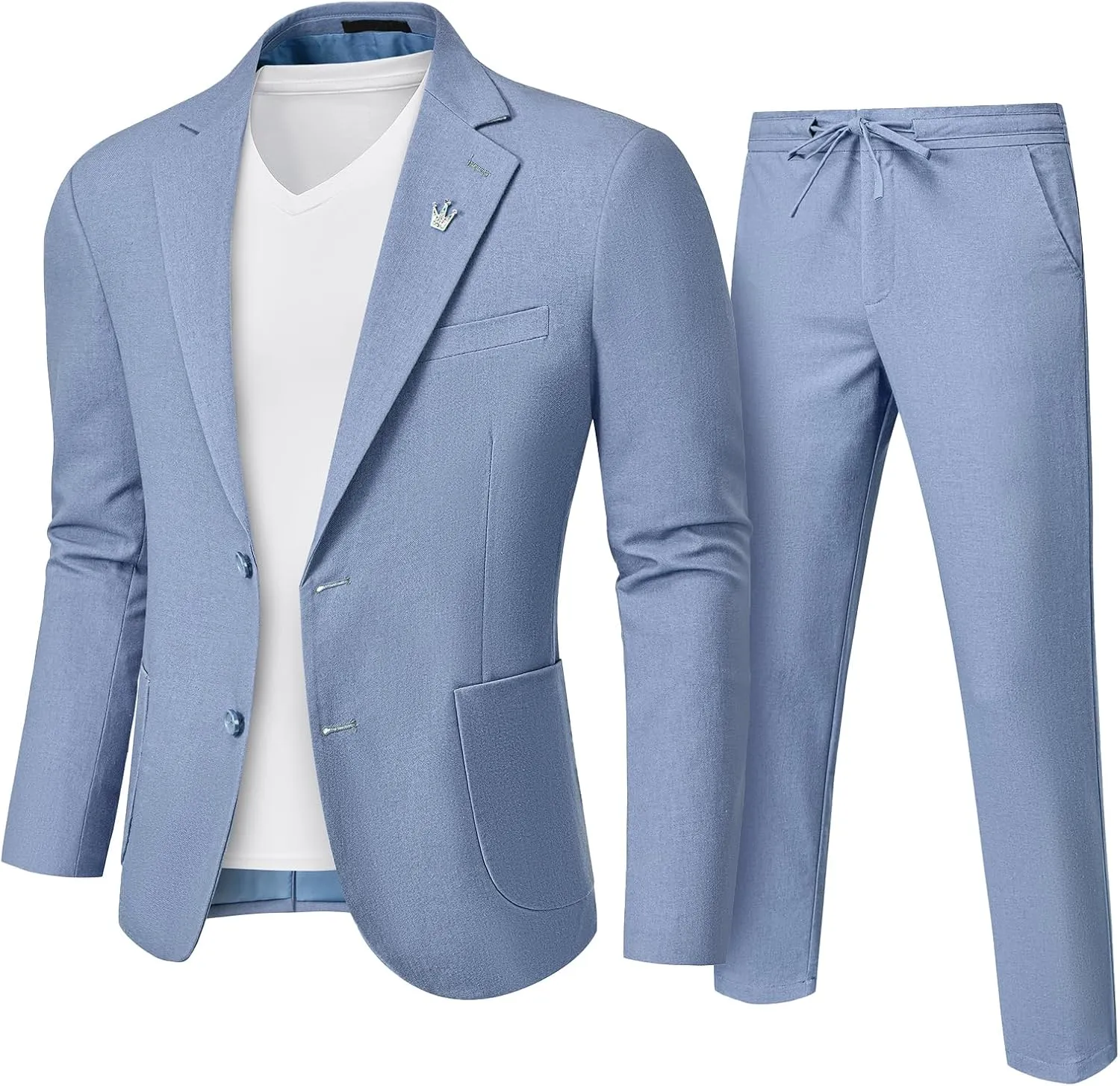 YND Men's 2 Pieces Linen Suit Regular Fit, Two Buttons Lightweight Jacket and Pants for Beach Wedding, Casual, or Summer Time