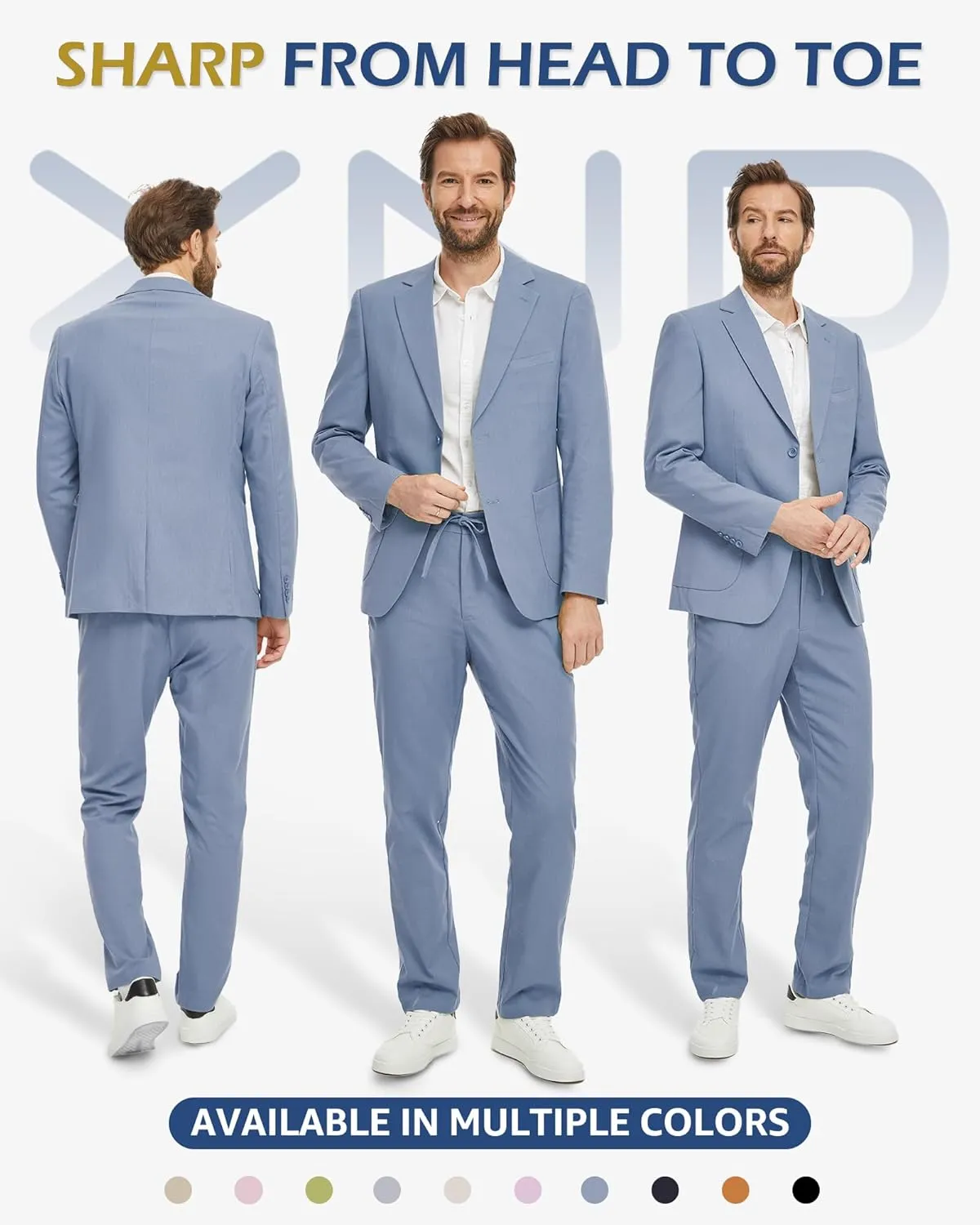 YND Men's 2 Pieces Linen Suit Regular Fit, Two Buttons Lightweight Jacket and Pants for Beach Wedding, Casual, or Summer Time