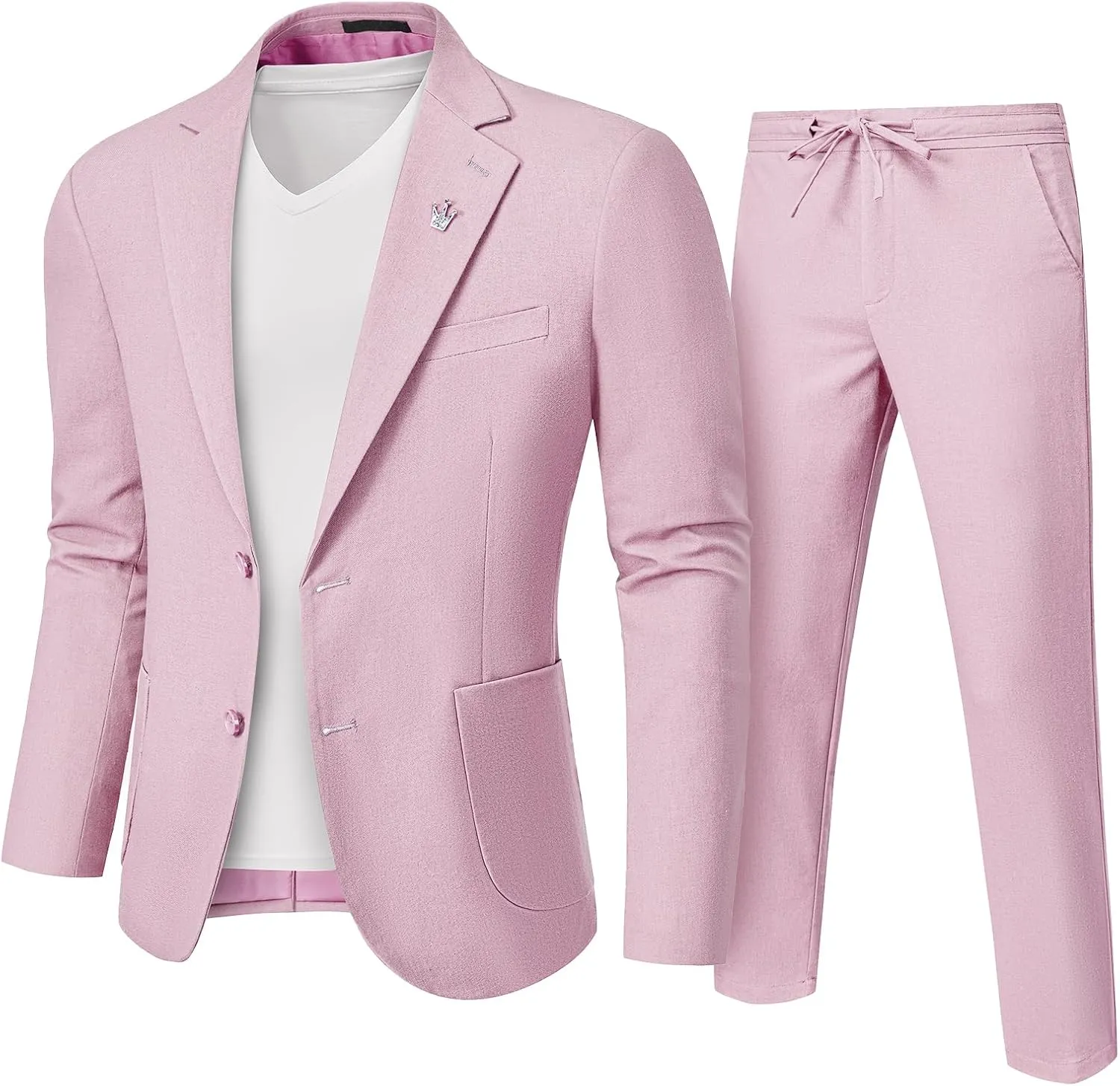 YND Men's 2 Pieces Linen Suit Regular Fit, Two Buttons Lightweight Jacket and Pants for Beach Wedding, Casual, or Summer Time
