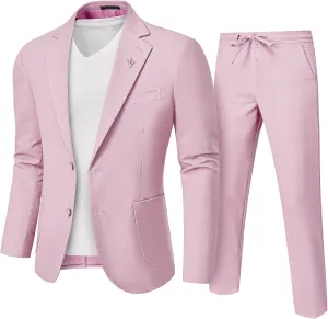 YND Men's 2 Pieces Linen Suit Regular Fit, Two Buttons Lightweight Jacket and Pants for Beach Wedding, Casual, or Summer Time