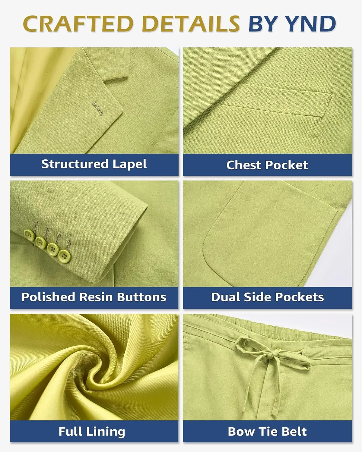 YND Men's 2 Pieces Linen Suit Regular Fit, Two Buttons Lightweight Jacket and Pants for Beach Wedding, Casual, or Summer Time