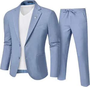 YND Men's 2 Pieces Linen Suit Regular Fit, Two Buttons Lightweight Jacket and Pants for Beach Wedding, Casual, or Summer Time