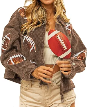 yoeasy Women's Corduroy Rugby Sequin Crop Jacket Raw Hem Vintage Football Distressed Short Jacket Coat With Pockets