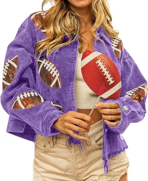 yoeasy Women's Corduroy Rugby Sequin Crop Jacket Raw Hem Vintage Football Distressed Short Jacket Coat With Pockets
