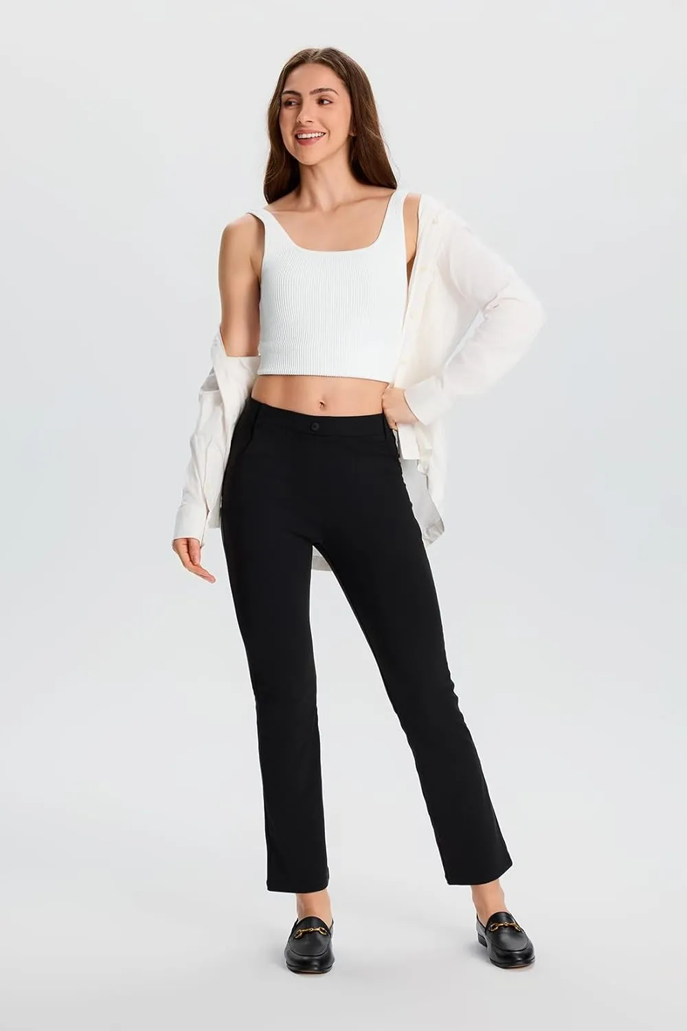 Yogipace,4 Pockets/Belt Loops,Women's Petite/Regular/Tall Stretchy Cropped Yoga Dress Pants Kick Flare Work Pants Capris
