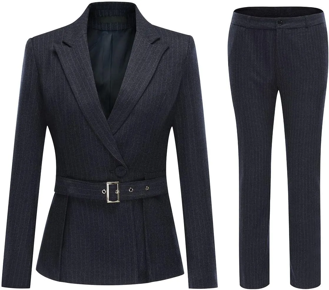 YUNCLOS Women's 2 Piece Office Lady Stripes Business Suit Set Slim Fit Blazer Jacket Pant