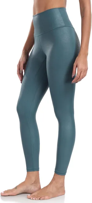 YUNOGA Women's Matte Faux Leather Leggings 7/8 High Waisted Tummy Control Stretch Leather Pants Pleather Tights