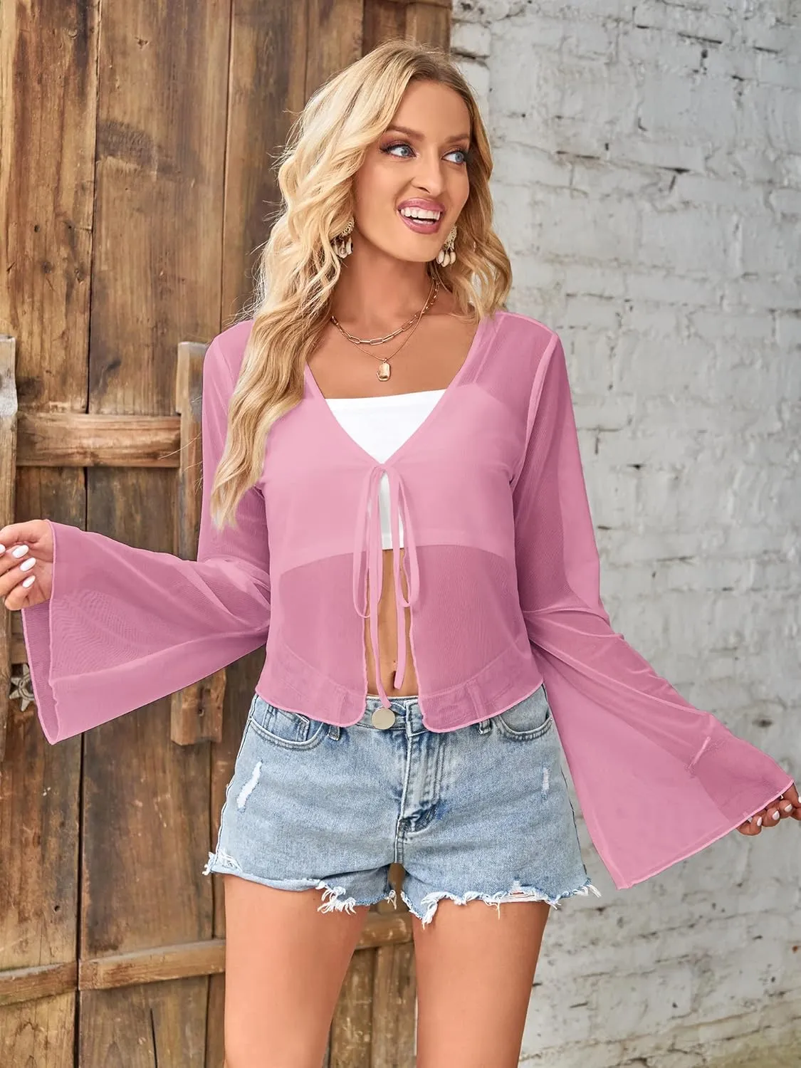 ZAFUL Women Tie Front Cardigan Long Sleeve Sheer Mesh Shrug Tie Top Lightweight Bolero Shrugs for Dresses Cover Ups