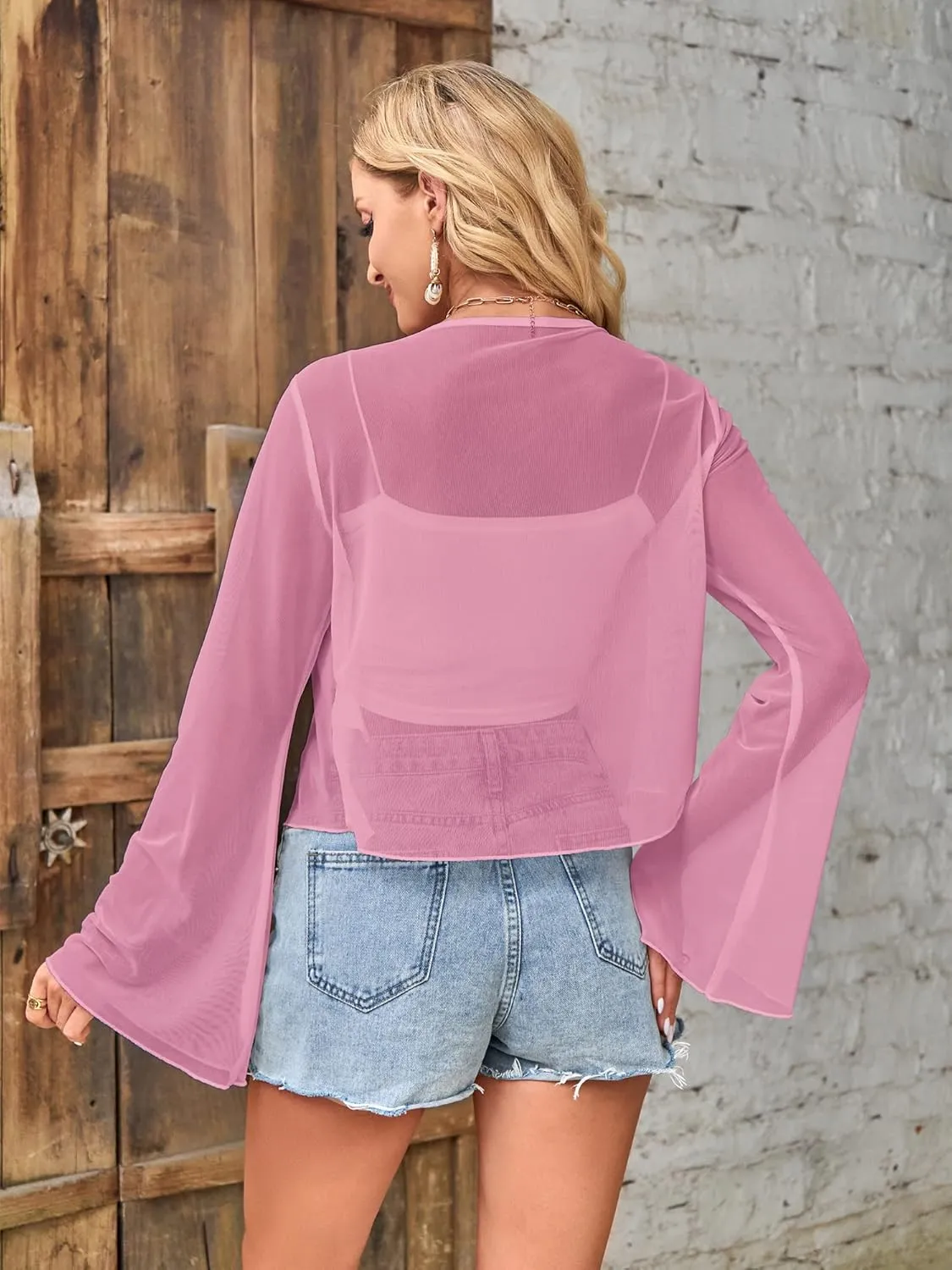 ZAFUL Women Tie Front Cardigan Long Sleeve Sheer Mesh Shrug Tie Top Lightweight Bolero Shrugs for Dresses Cover Ups