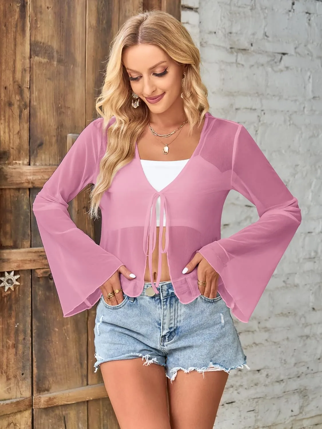ZAFUL Women Tie Front Cardigan Long Sleeve Sheer Mesh Shrug Tie Top Lightweight Bolero Shrugs for Dresses Cover Ups