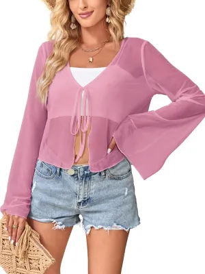 ZAFUL Women Tie Front Cardigan Long Sleeve Sheer Mesh Shrug Tie Top Lightweight Bolero Shrugs for Dresses Cover Ups