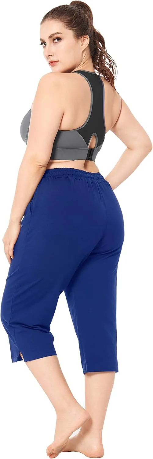 ZERDOCEAN Women's Plus Size Active Yoga Lounge Indoor Jersey Capri Walking Crop Pants with Pockets Drawstring