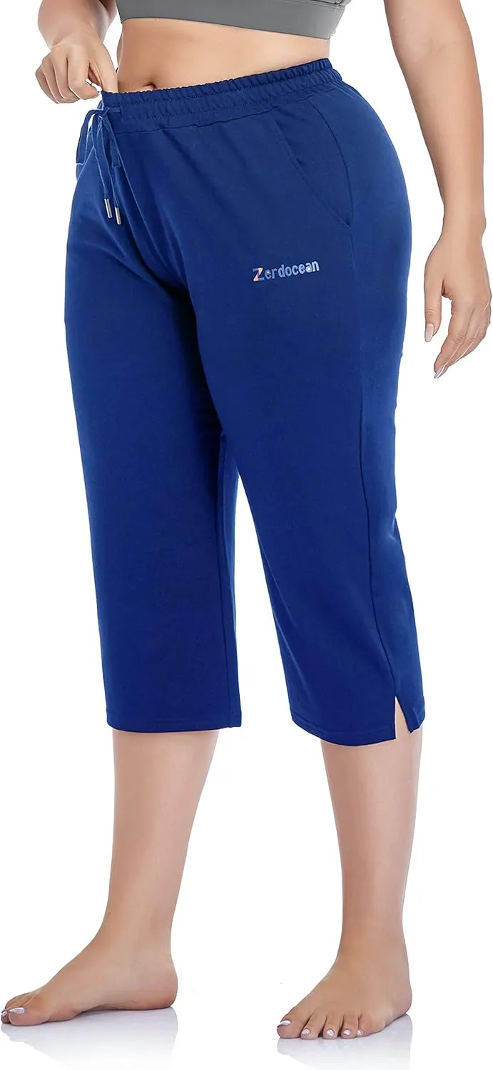 ZERDOCEAN Women's Plus Size Active Yoga Lounge Indoor Jersey Capri Walking Crop Pants with Pockets Drawstring