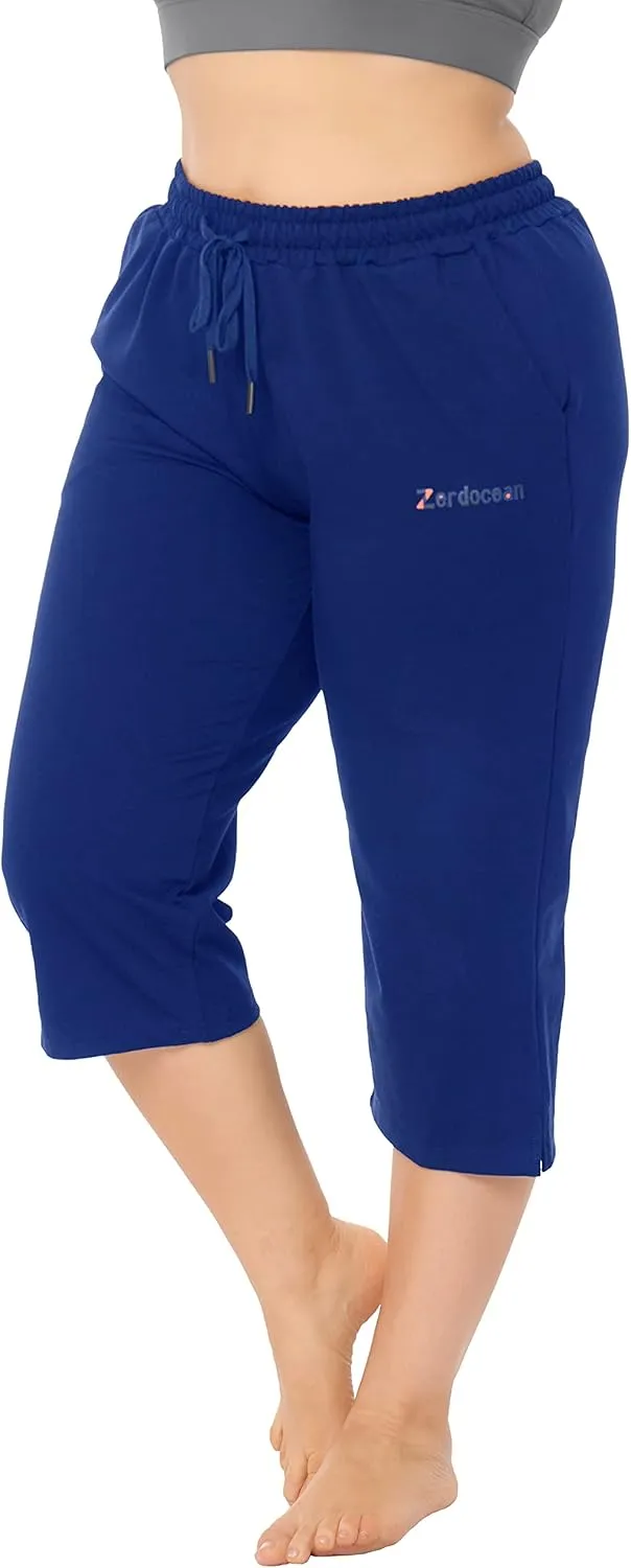 ZERDOCEAN Women's Plus Size Active Yoga Lounge Indoor Jersey Capri Walking Crop Pants with Pockets Drawstring