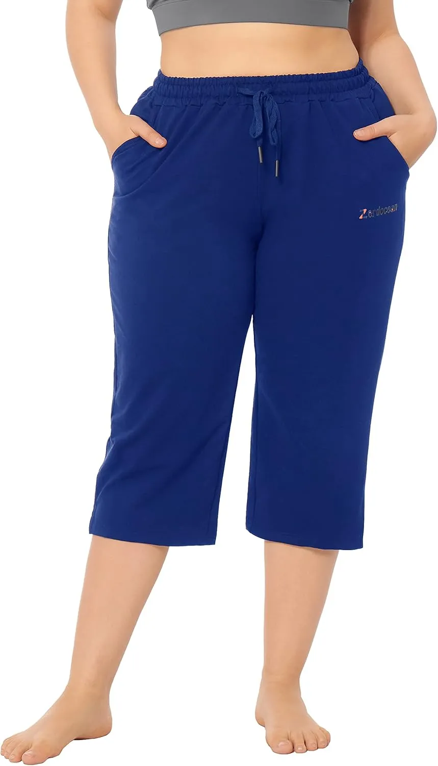 ZERDOCEAN Women's Plus Size Active Yoga Lounge Indoor Jersey Capri Walking Crop Pants with Pockets Drawstring